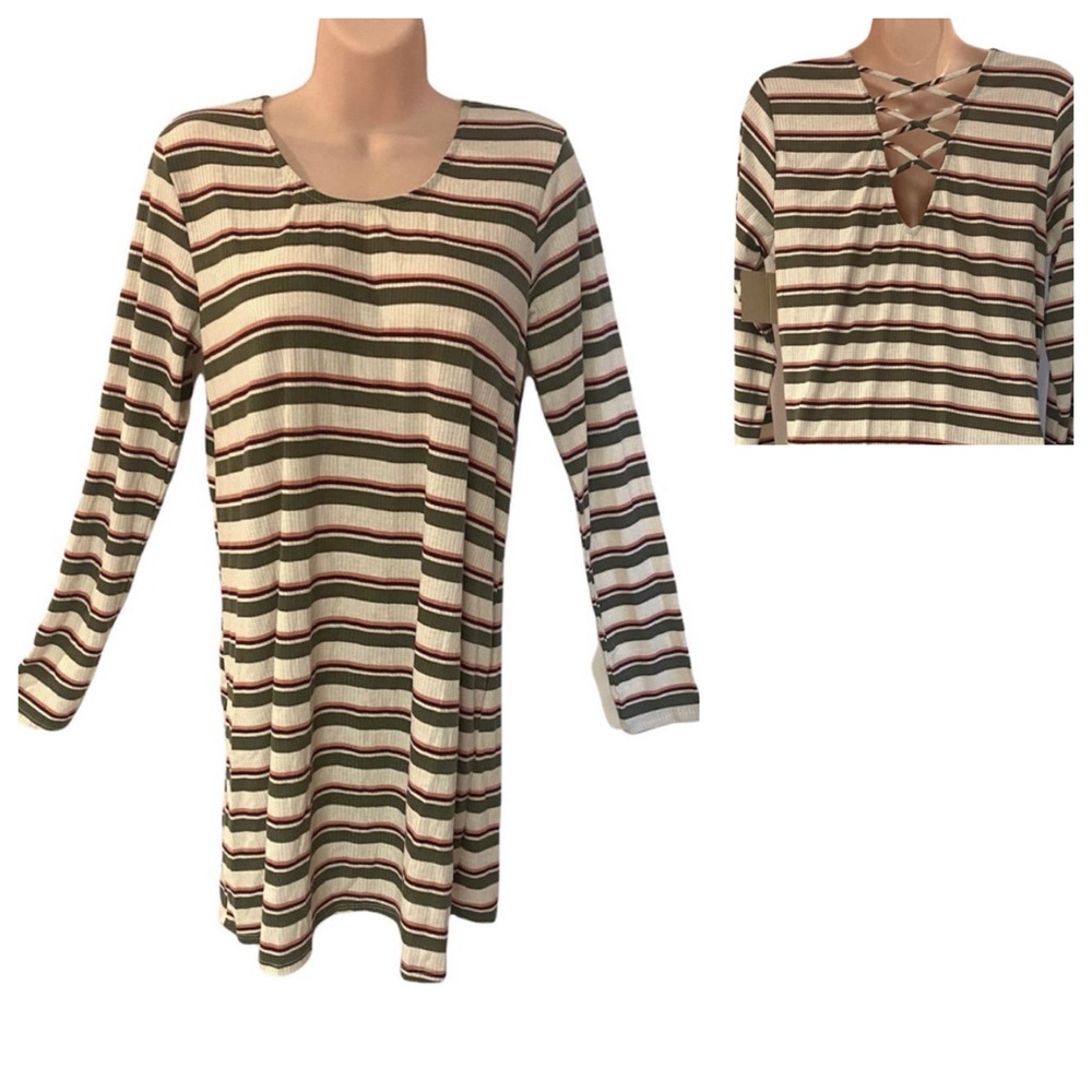 PPLA T-Shirt Dress Lace-Up Back Ribbed Casual Long Sleeve Ivory Olive Peach Wine